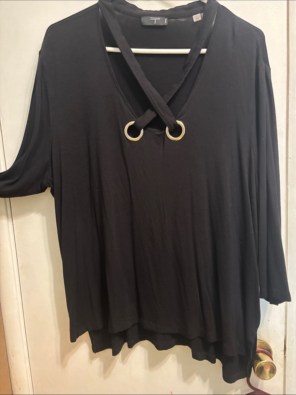 Tahari Woman Black Tunic with Gold-Tone Grommet V-Neck